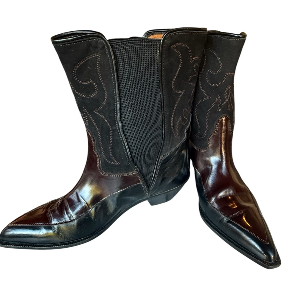 Vintage Donald J Pliner Black & Ox Blood leather mid hi cowboy boots sz 7